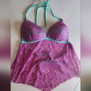 SO Junior Medium Green/Purple Crochet Apron Tankini Swimsuit TOP M